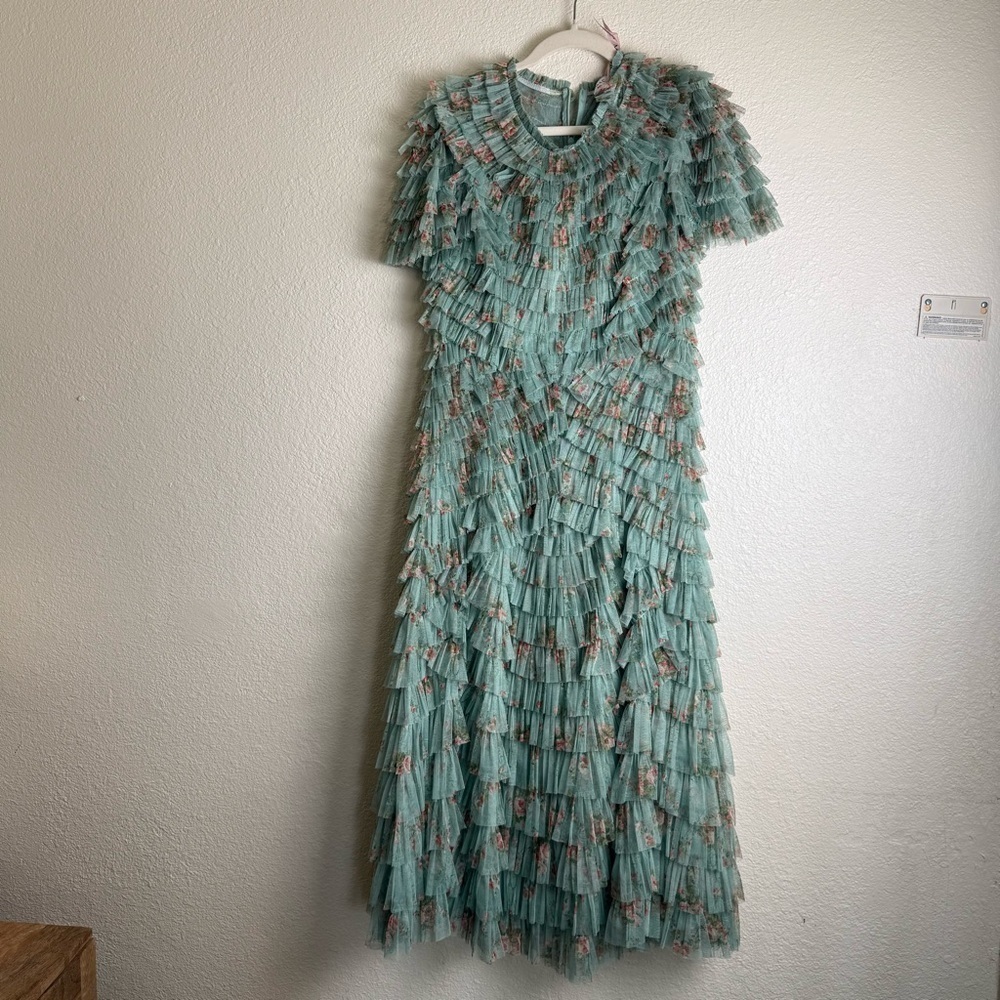 Mac Duggal 8014 Ruffle Tiered Short Sleeve A-Line Dress NWT Sage Multi - Picture 11 of 16